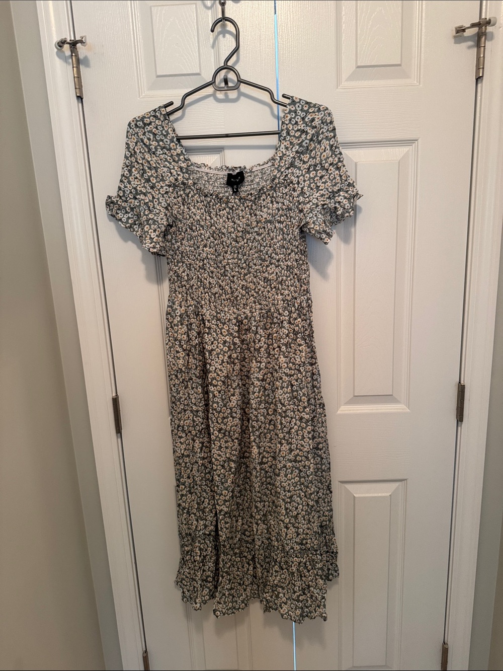 Smocked Floral Dress in Sage Green - Picture 2 of 3